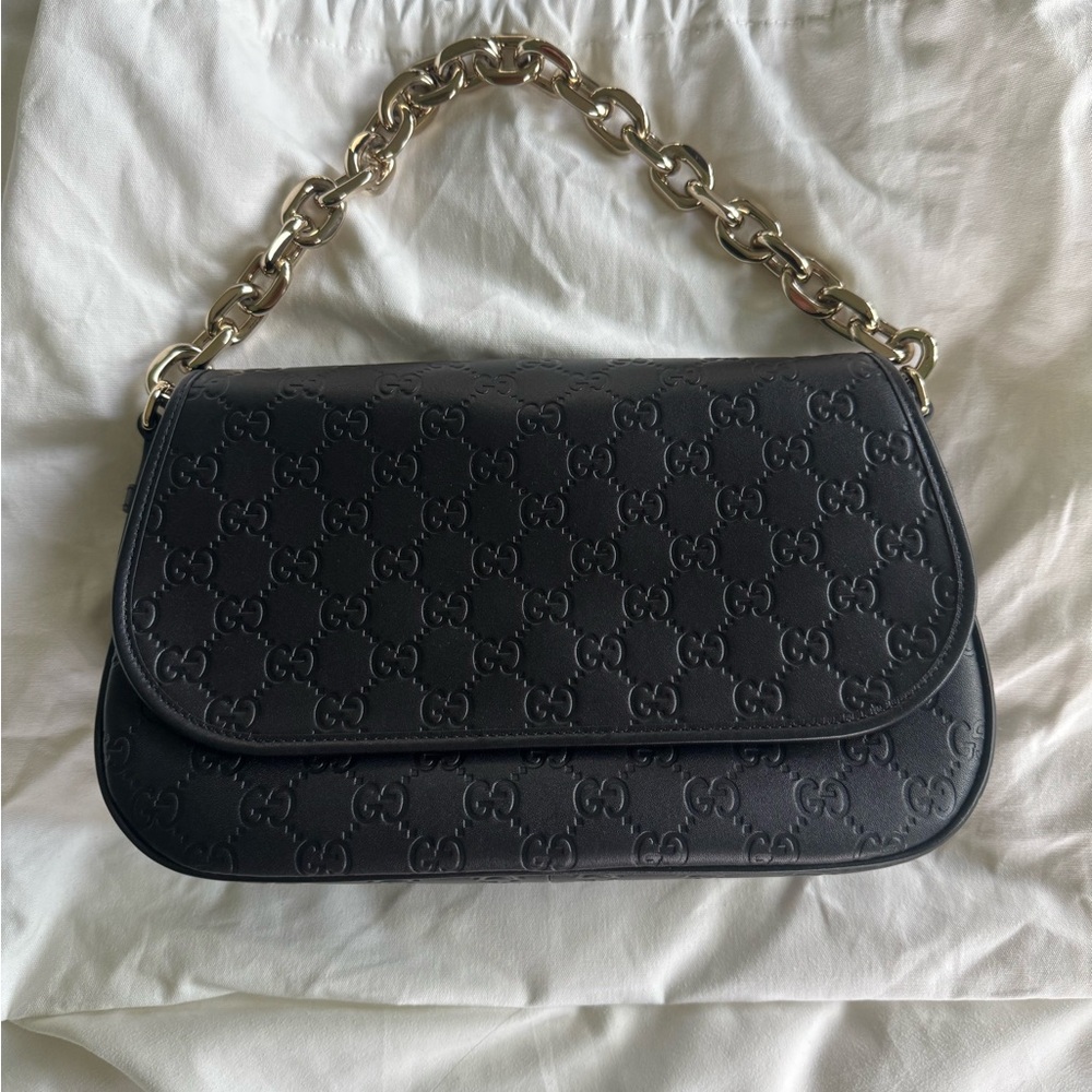 Gucci Black GG Embossed Leather Shoulder Bag with Gold Chain Handle